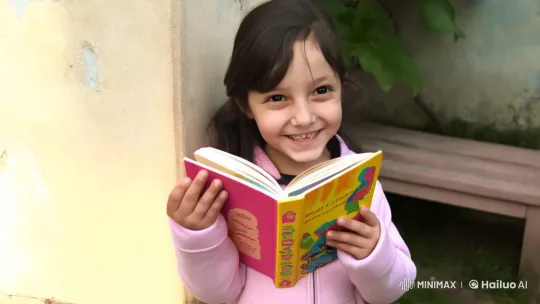 Girl in Pink Jacket Enjoys Book and Play in Peaceful Backyard – AI Generated Video | Hailuo AI
