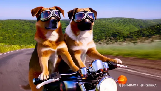 Dogs Ride Motorcycle on Scenic Journey – AI Generated Video | Hailuo AI