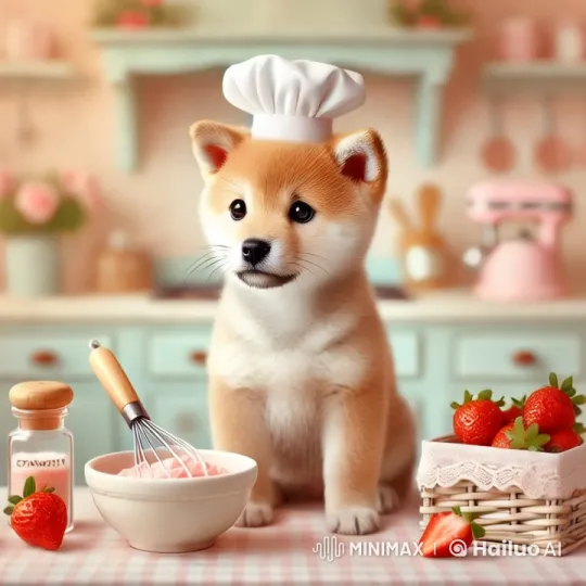 Golden Puppy Chef Joyfully Cooks in Pastel Kitchen – AI Generated Video | Hailuo AI