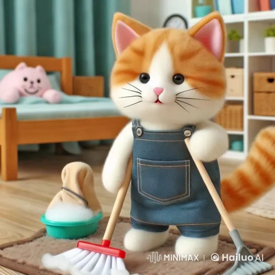 Cute Cat in Overalls Sweeps Cozy Room – AI Generated Video | Hailuo AI