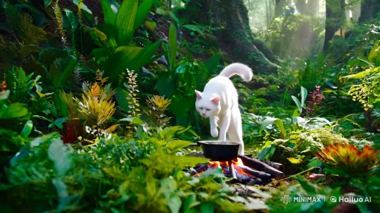 Elegant White Cat Cooks in Enchanted Forest – AI Generated Video | Hailuo AI