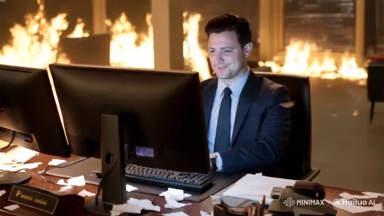 Man Types Calmly Amidst Office Fire – AI Generated Video | Hailuo AI