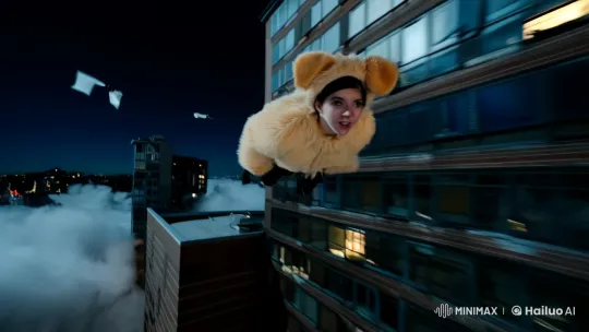 Girl in Dog Costume Free Falls Through Sky and Buildings – AI Generated Video | Hailuo AI