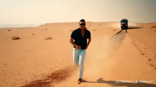Desert Runner Jumps Onto Moving Train – AI Generated Video | Hailuo AI