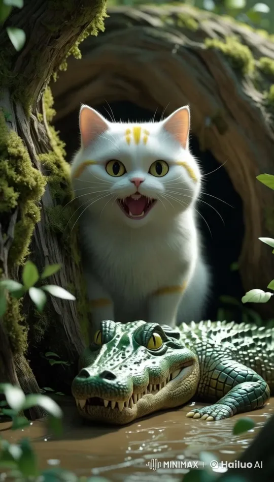 Feline-Crocodile Observation: A Study in Serenity and Tension – AI Generated Video | Hailuo AI