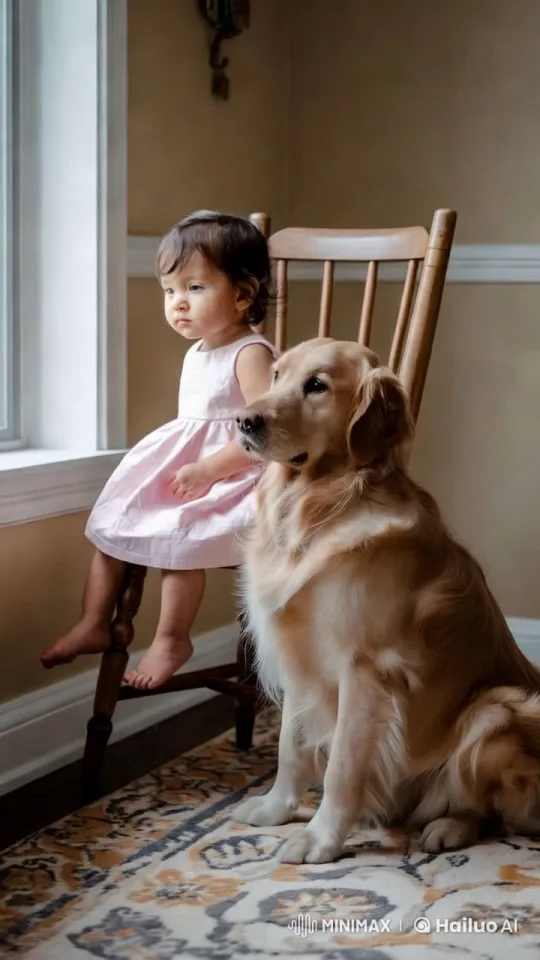 Child and Golden Retriever Bond in Cozy Room – AI Generated Video | Hailuo AI