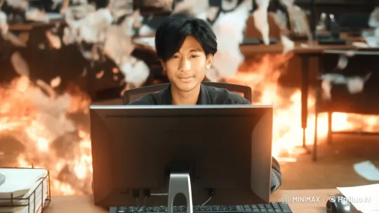 Young Man Types Calmly Amidst Office Inferno – AI Generated Video | Hailuo AI