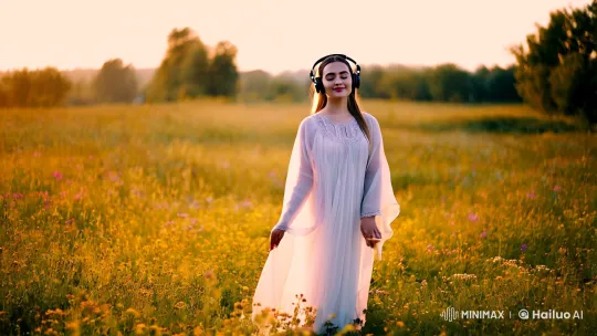 Young Lady in Meadow: Serene Dance to Sunset's Glow – AI Generated Video | Hailuo AI