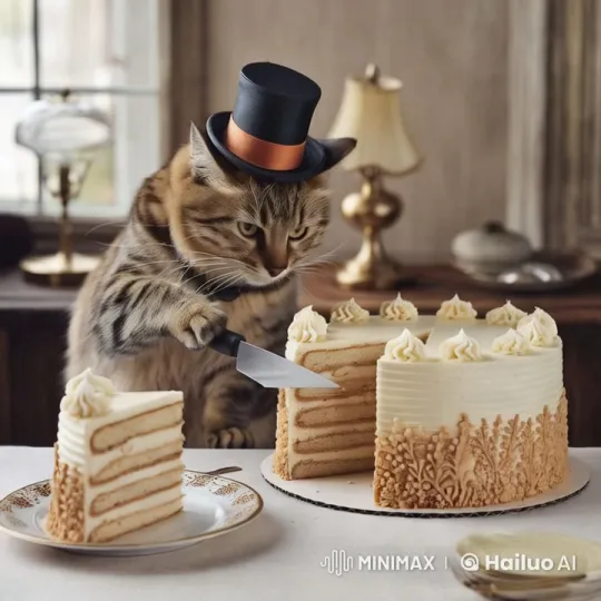 Top-Hatted Cat Cuts Elegant Cake in Vintage Setting – AI Generated Video | Hailuo AI