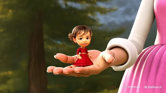 Tiny Girl Sings on a Hand in a Peaceful Forest and Mountain Setting – AI Generated Video | Hailuo AI