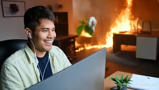 Man Remains Calm Amidst Office Fire – AI Generated Video | Hailuo AI