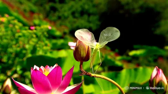 Mantis Mimics Lotus in Vibrant Nature Panorama – AI Generated Video | Hailuo AI