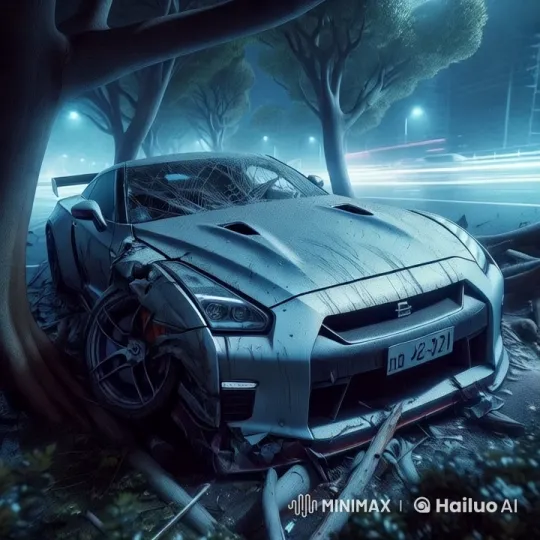 Crashed Sports Car on Dimly Lit Street – AI Generated Video | Hailuo AI