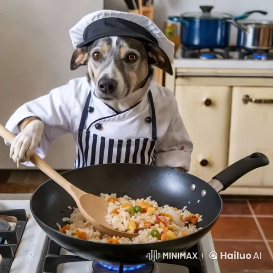Dog Chef Cooking Fried Rice in Cozy Kitchen – AI Generated Video | Hailuo AI