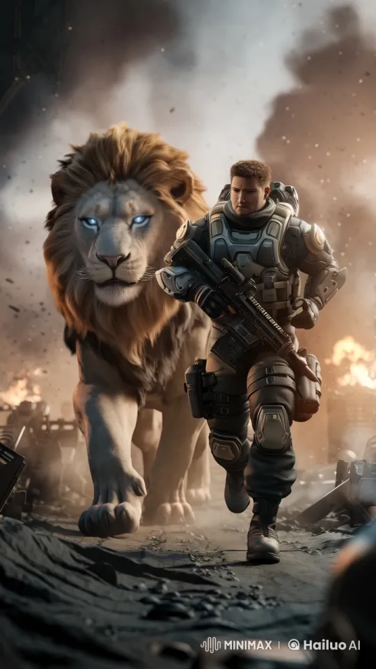 Futuristic Soldier Marches with Lion on Post-Apocalyptic Battlefield – AI Generated Video | Hailuo AI
