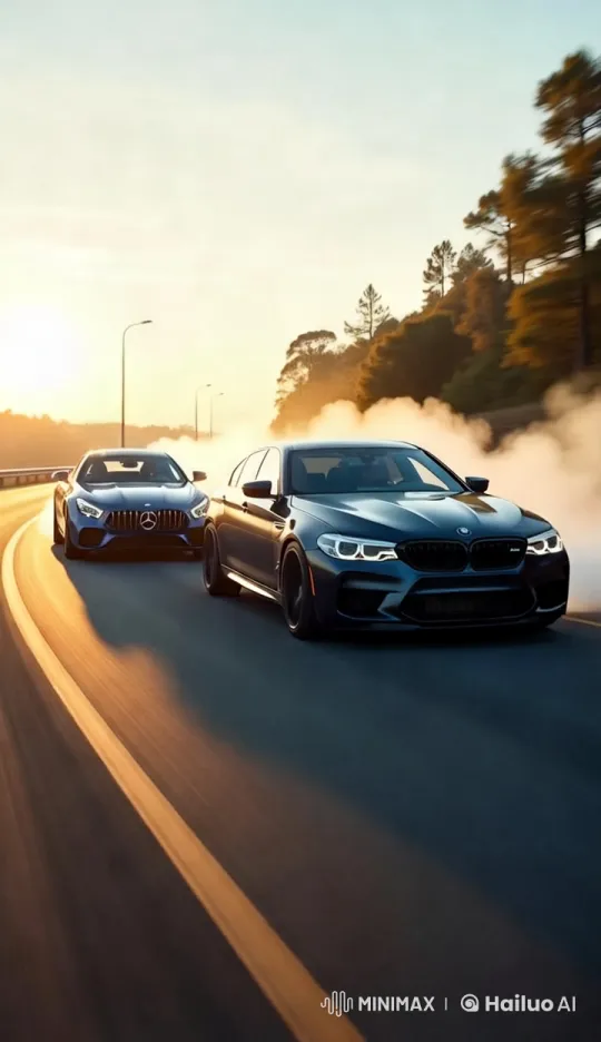 High-speed BMW vs. Mercedes-AMG Race at Sunset – AI Generated Video | Hailuo AI