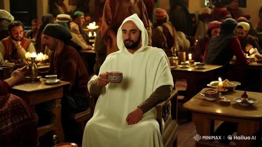 Ottoman Inn: Man Sips Coffee Amidst Social Harmony – AI Generated Video | Hailuo AI