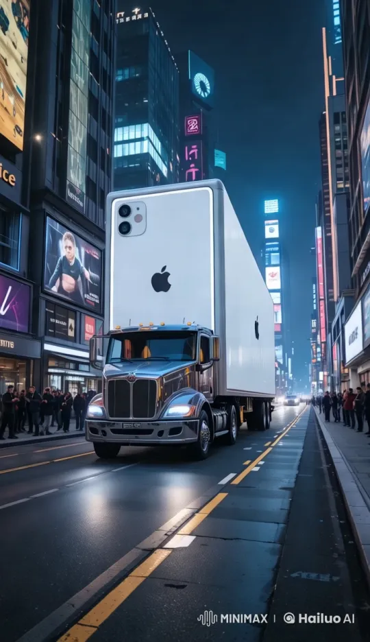 Luxury Truck with Giant iPhone Box in Futuristic Cityscape – AI Generated Video | Hailuo AI