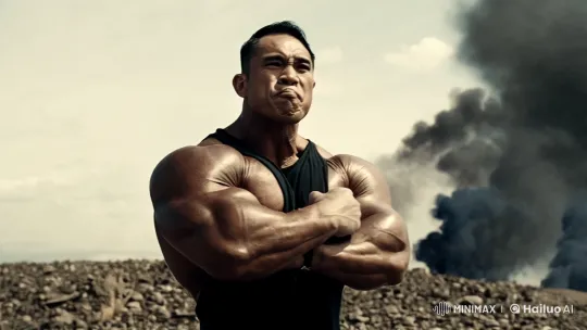 Bodybuilder Pose, Mountain Road Chase, Tank's Dramatic Descent – AI Generated Video | Hailuo AI