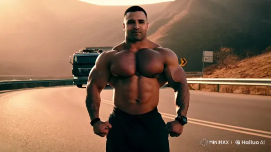Bodybuilder Poses Amidst Dramatic Road and Military Action – AI Generated Video | Hailuo AI