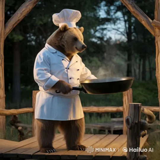 Bear Chef Preparing Steaming Fried Rice in Outdoor Kitchen – AI Generated Video | Hailuo AI
