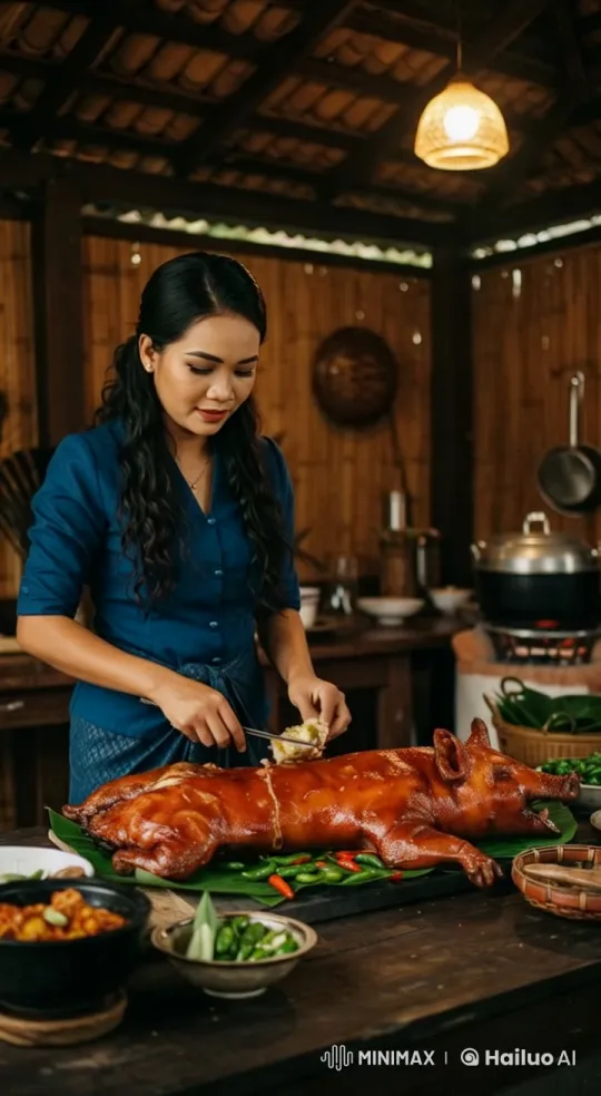 Woman Carves Roasted Pig in Rustic Kitchen – AI Generated Video | Hailuo AI