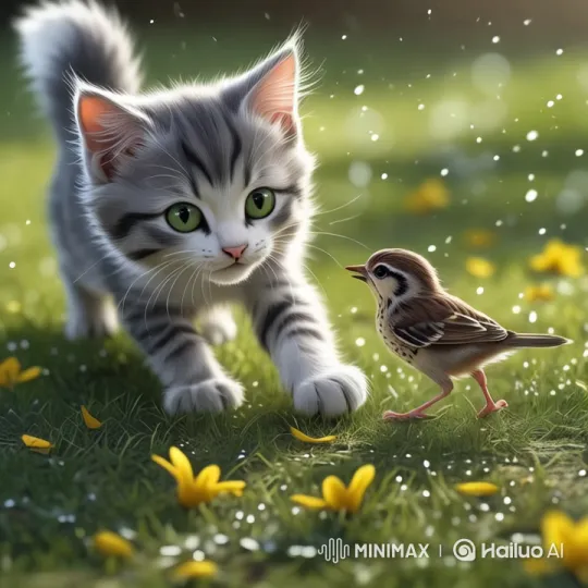 Fluffy Kitten Plays with Baby Sparrow on Sunlit Lawn – AI Generated Video | Hailuo AI