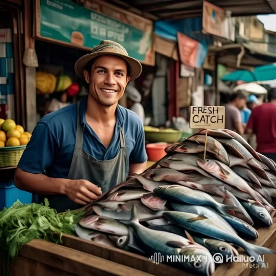 Bustling Market: Fish Vendor's Fresh Catch Display – AI Generated Video | Hailuo AI