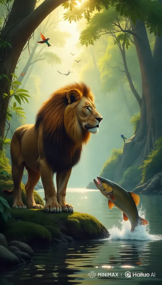 Lion Watches Fish Amidst Jungle's Golden Glow – AI Generated Video | Hailuo AI