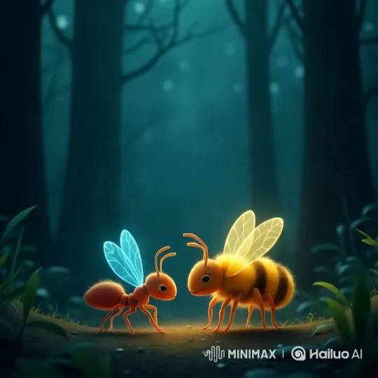 Mystical Forest: Luminous Ant and Bee Interaction – AI Generated Video | Hailuo AI
