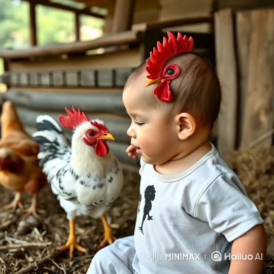 Baby and Chicken Mimic Martial Arts in Barn – AI Generated Video | Hailuo AI