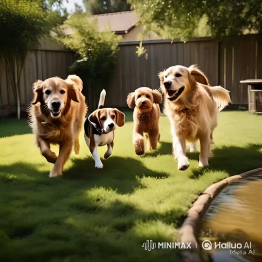 Four Energetic Dogs Run in a Lush Backyard – AI Generated Video | Hailuo AI