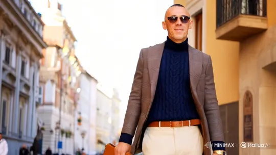 Sophisticated Man Showcases Elegance in European Cityscape – AI Generated Video | Hailuo AI