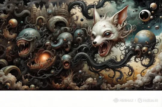 Fantastical Live2D Scene with Grotesque Creatures and Dark Ambiance – AI Generated Video | Hailuo AI