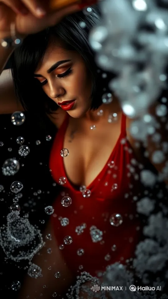 Captivating Slow-Motion Bubbles in 4K with Vibrant Red Outfit – AI Generated Video | Hailuo AI