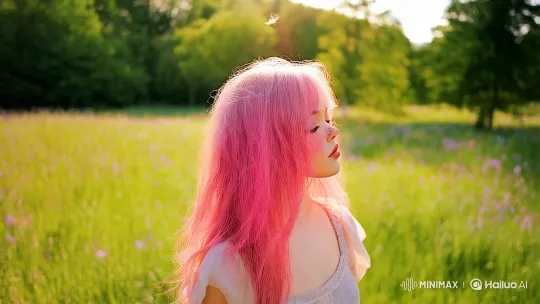 Pink-haired Woman Dances Joyfully in Pastel Meadow – AI Generated Video | Hailuo AI