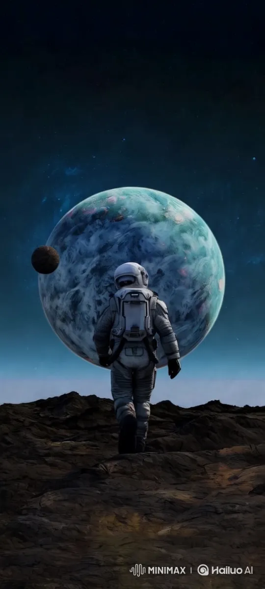 Astronaut Explores Rocky Terrain Under a Revolving Planet – AI Generated Video | Hailuo AI