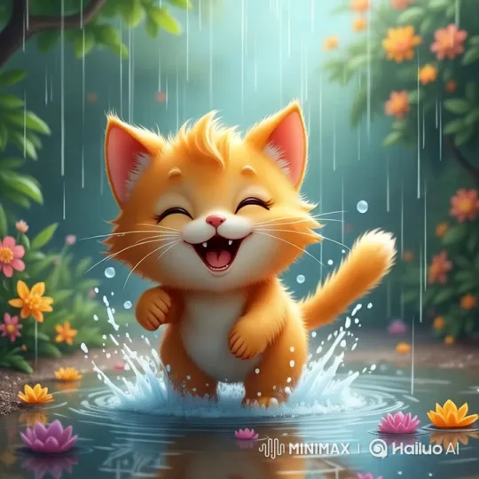 Orange Kitten Joyfully Splashes in Rainy Garden – AI Generated Video | Hailuo AI