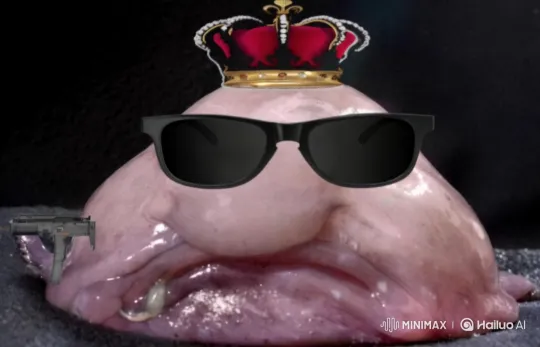 Blobfish King with Gun Flies in Dark Minimalist Scene – AI Generated Video | Hailuo AI
