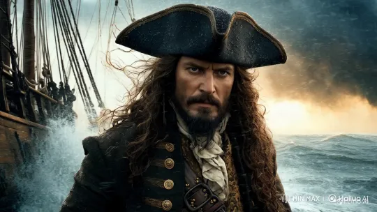 Blackbeard Stands Menacingly Amid Storm on Ship – AI Generated Video | Hailuo AI
