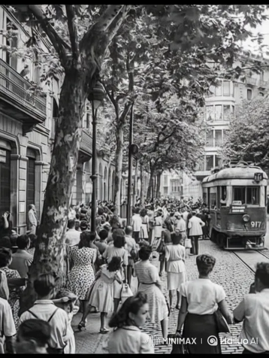 Vintage City Street with 1950s Tram and Crowd – AI Generated Video | Hailuo AI
