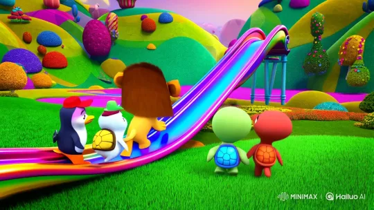 Animal Friends' Whimsical Slide Adventure in Rainbow Worlds – AI Generated Video | Hailuo AI