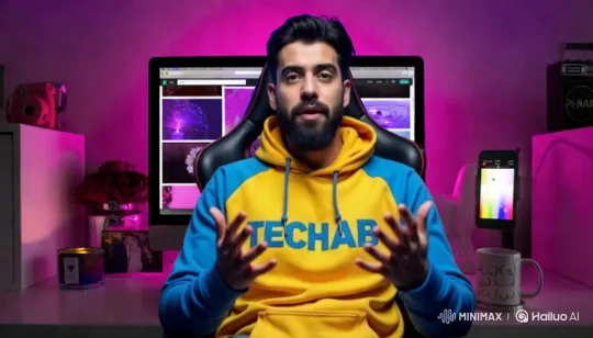 Modern Tech Aesthetic: Man in 'TECHAB' Hoodie Discusses – AI Generated Video | Hailuo AI