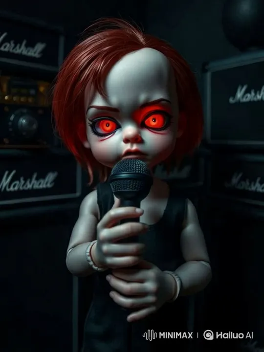 Gothic-Inspired Doll Posing with Microphone in Dark Studio – AI Generated Video | Hailuo AI