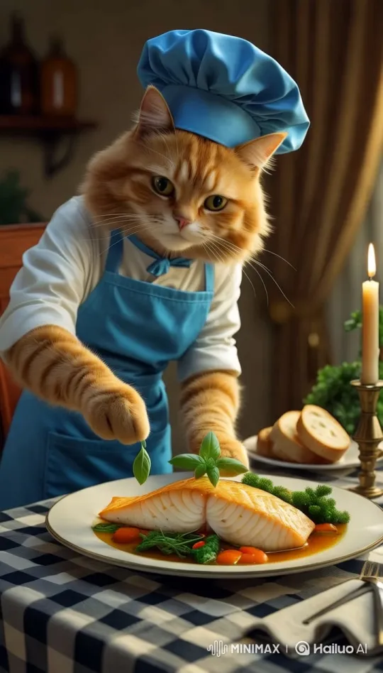 Fluffy Cat Chef Garnishes Elegant Plated Meal – AI Generated Video | Hailuo AI