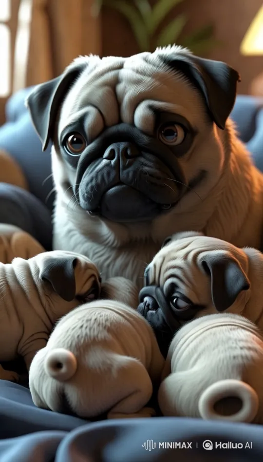 Nurturing Pug Mother and Puppies Captured in Intimate Tracking Shots – AI Generated Video | Hailuo AI