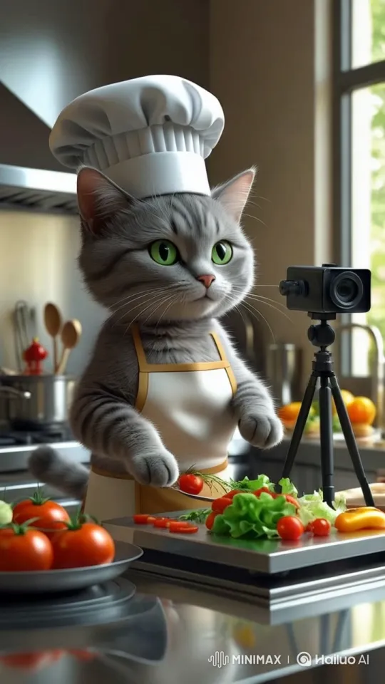 Chef Cat Prepares Vegetables in Modern Kitchen – AI Generated Video | Hailuo AI