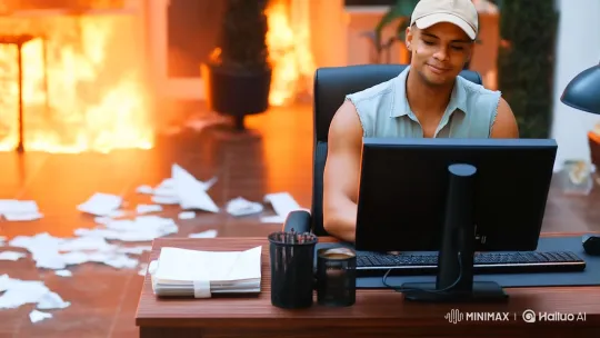 Man Types Calmly Amid Office Fire – AI Generated Video | Hailuo AI