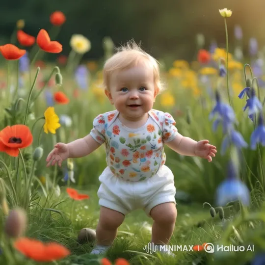 Baby Sings and Dances Joyfully in a Flower-Filled Garden – AI Generated Video | Hailuo AI