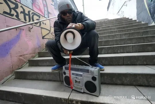 Urban Graffiti Scene with Megaphone and Boombox – AI Generated Video | Hailuo AI